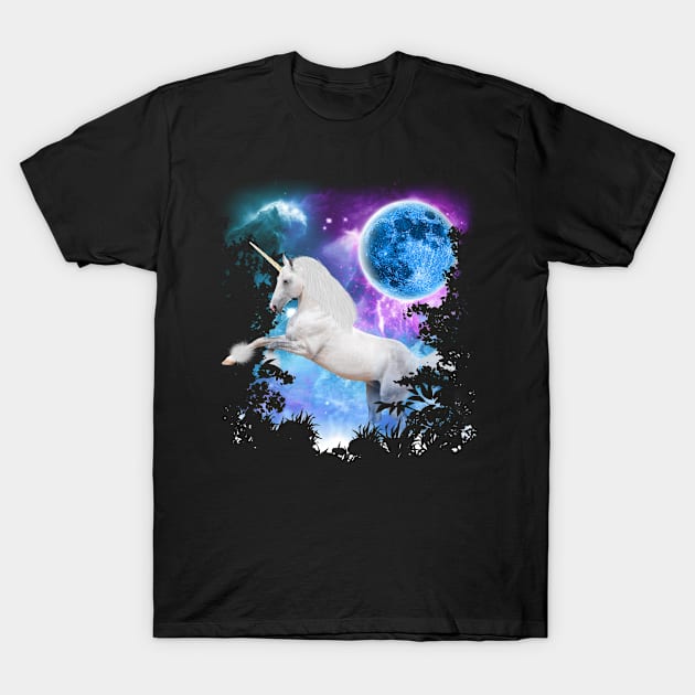 White Unicorn MidNight Forest T-Shirt by Ratherkool